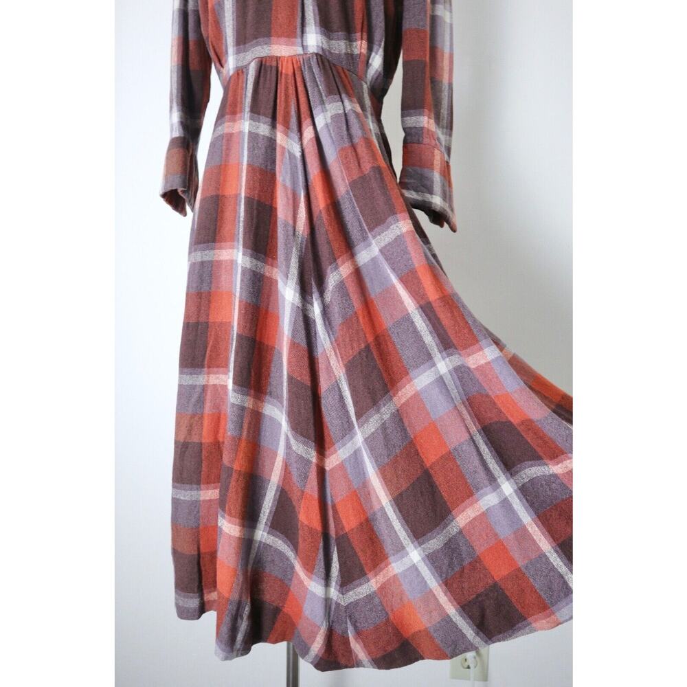Vintage 1970s Wool Tartan Collared Dress Button Front Plaid Check Brown Orange - Picture 4 of 12